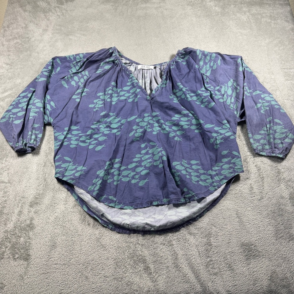 Ava Sky Fighting Eel Blouse Women Medium Purple Fish Print Cotton Tencel V-Neck